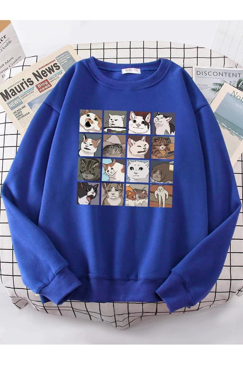 Aesthetic Meme Cats Oversized Sweatshirt Blue Shoptery