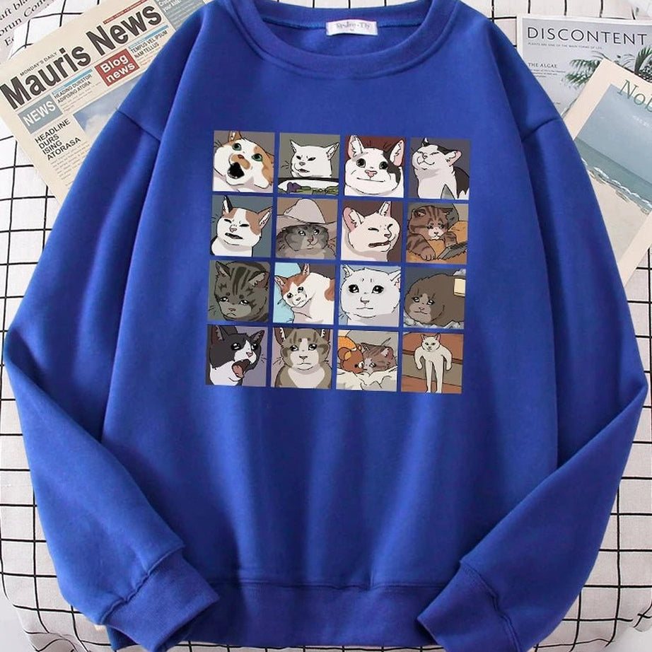 Aesthetic Meme Cats Oversized Sweatshirt Blue Shoptery