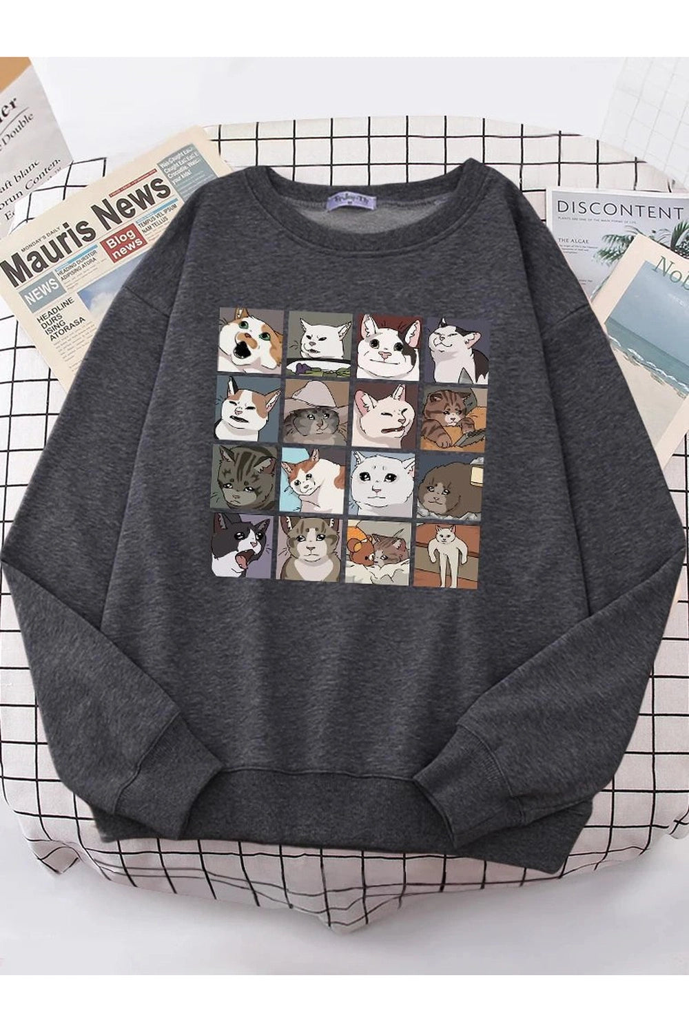 Aesthetic Meme Cats Oversized Sweatshirt Dark Gray Shoptery
