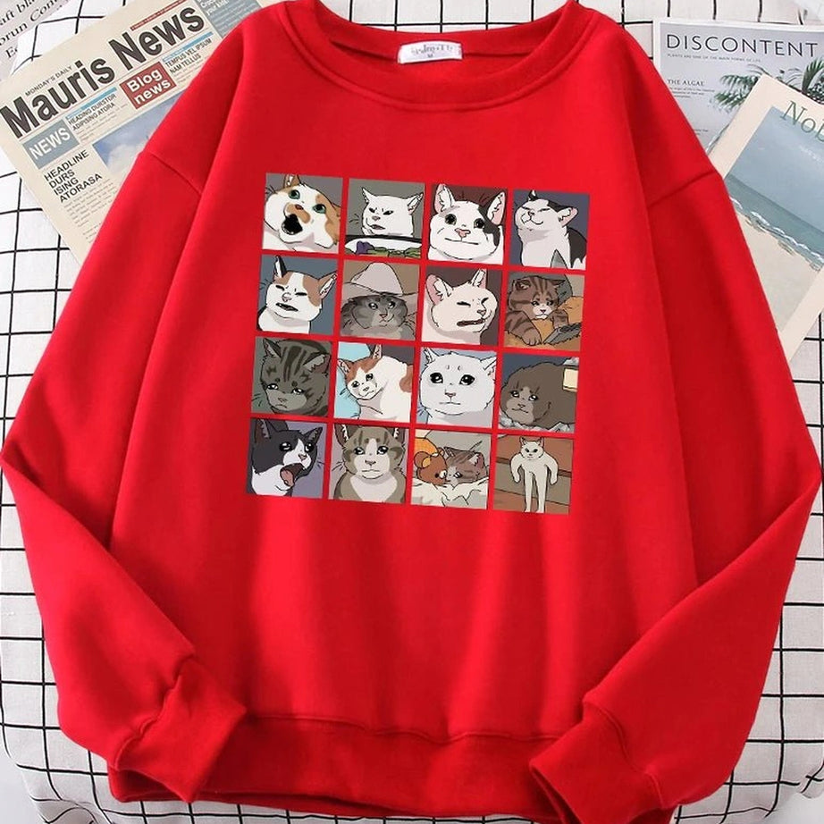 Aesthetic Meme Cats Oversized Sweatshirt Red Shoptery