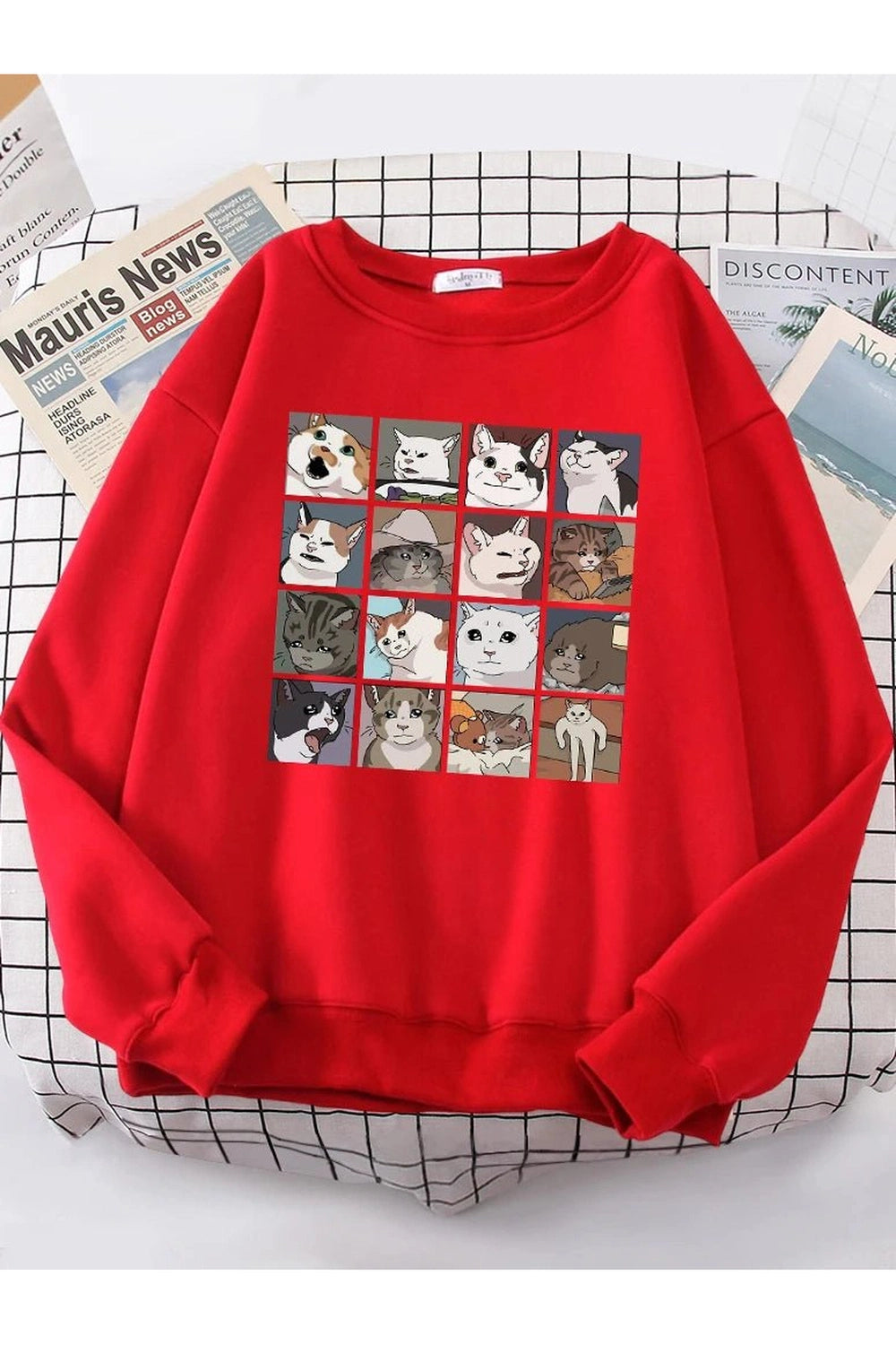Aesthetic Meme Cats Oversized Sweatshirt Red Shoptery