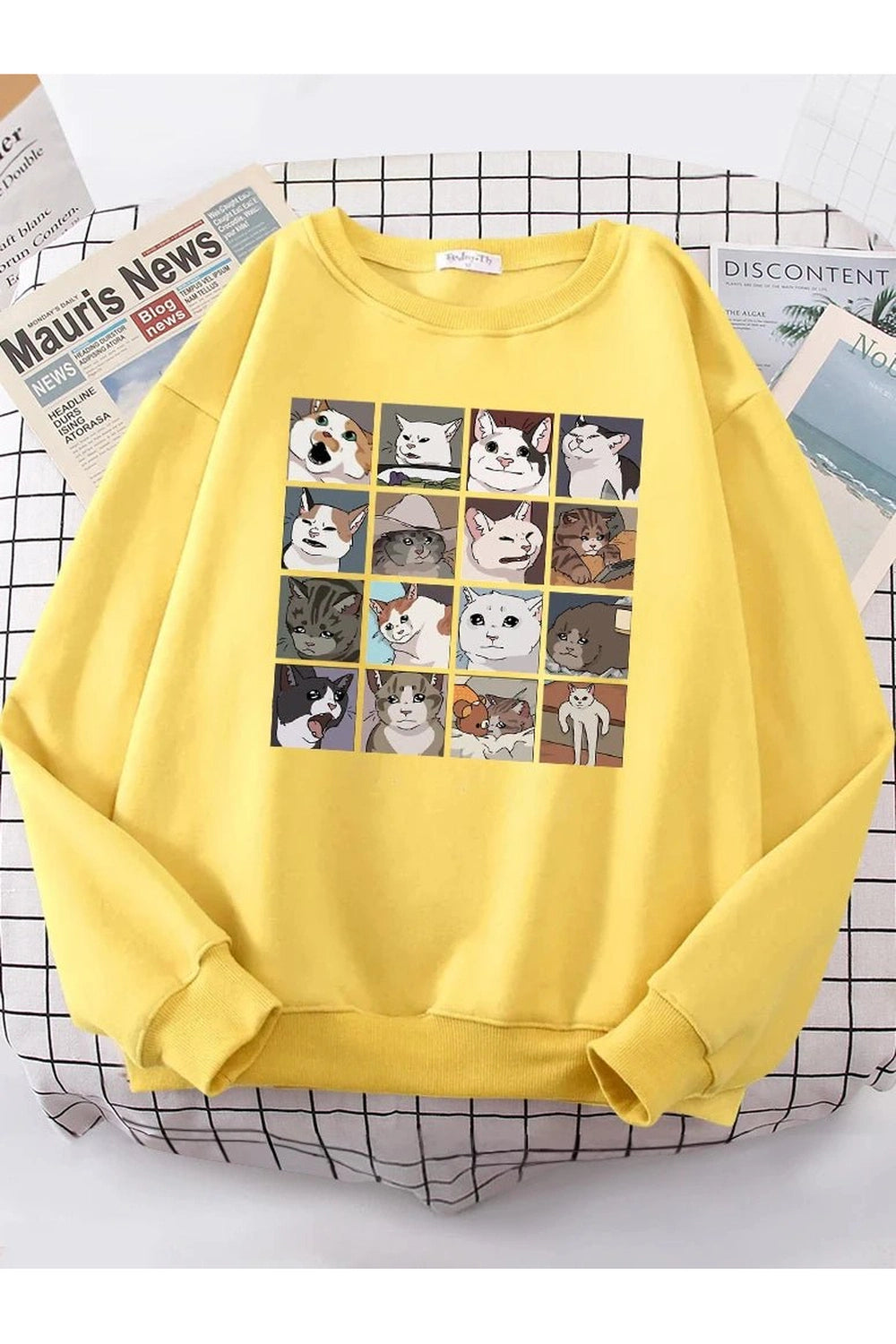 Aesthetic Meme Cats Oversized Sweatshirt Yellow Shoptery