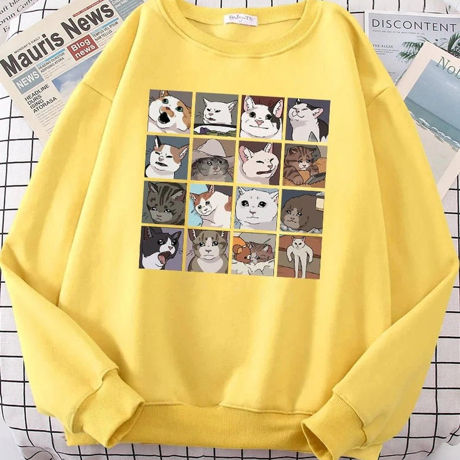 Aesthetic Meme Cats Oversized Sweatshirt Yellow Shoptery