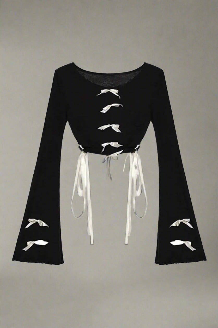 Aesthetic Midnight Ties Bell-Sleeve Top Black One Size Shoptery