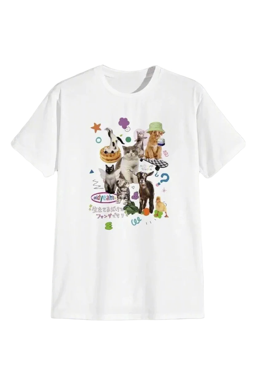 Aesthetic Milk Cat Graphic T-shirt WHITE Shoptery