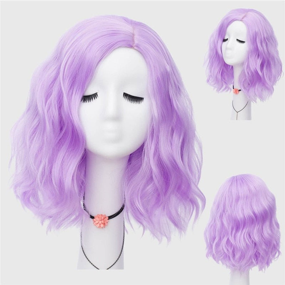 Kawaii Multicolor Short Wave Wig Light purple 14inches Shoptery