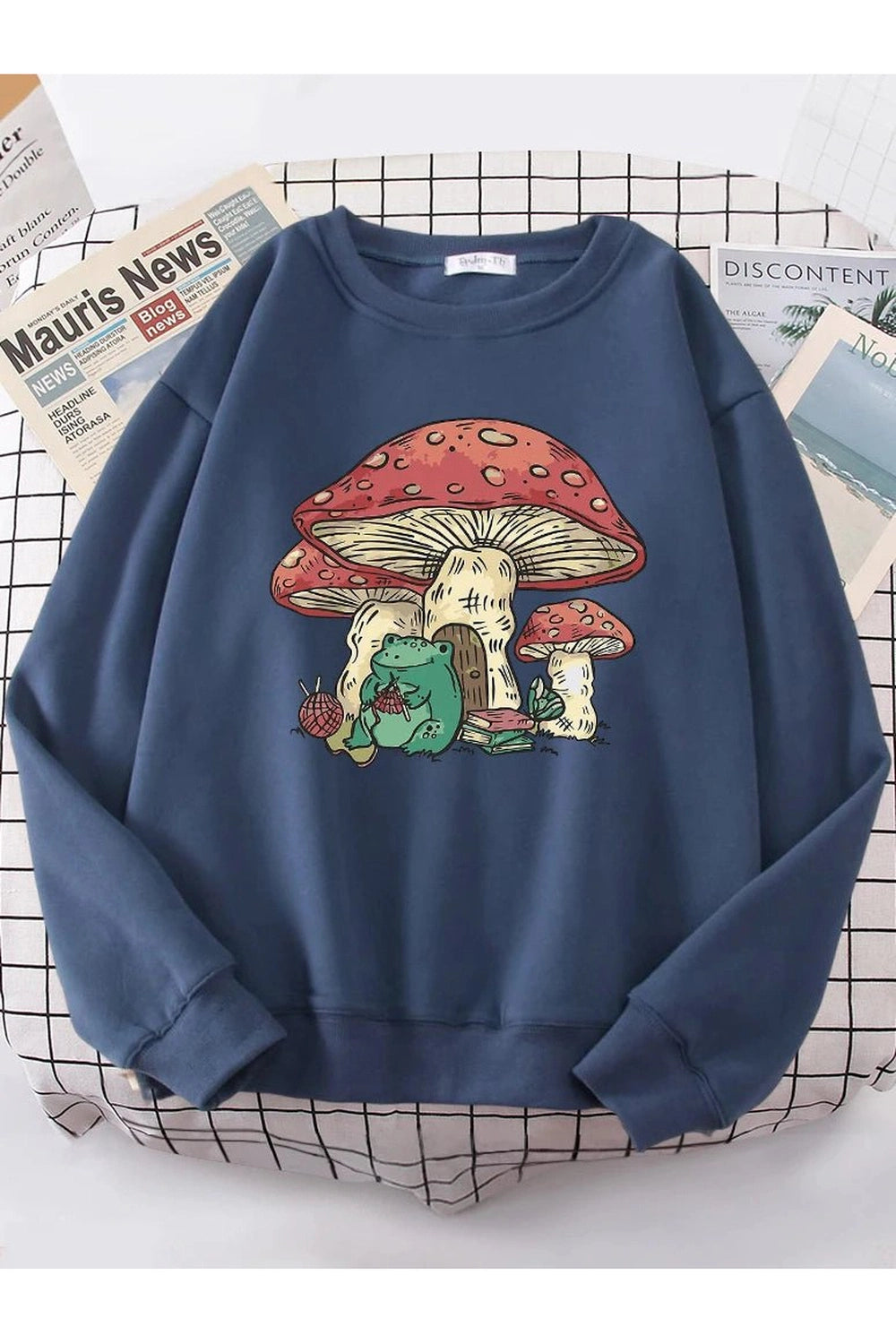 Aesthetic Mushroom House Frog Oversize Sweatshirt Haze Blue Shoptery