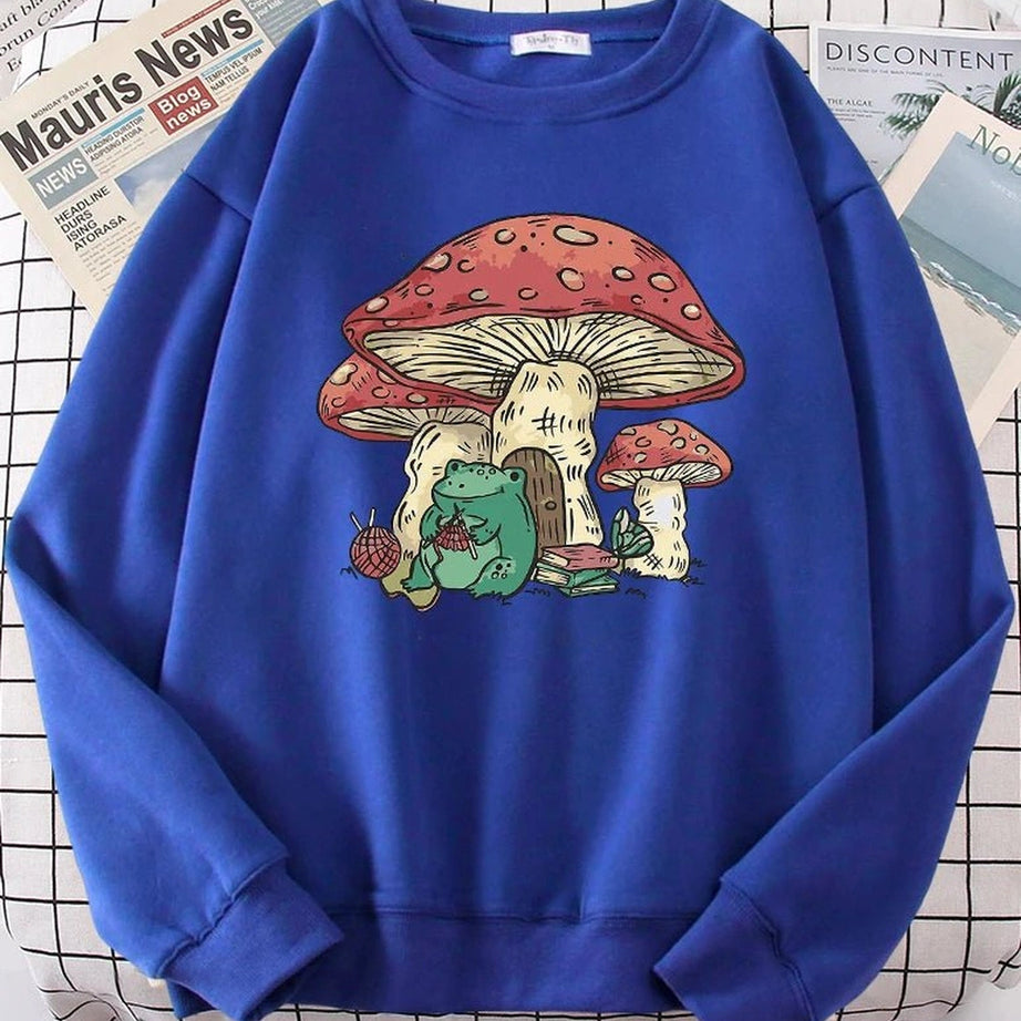 Aesthetic Mushroom House Frog Oversize Sweatshirt Blue Shoptery