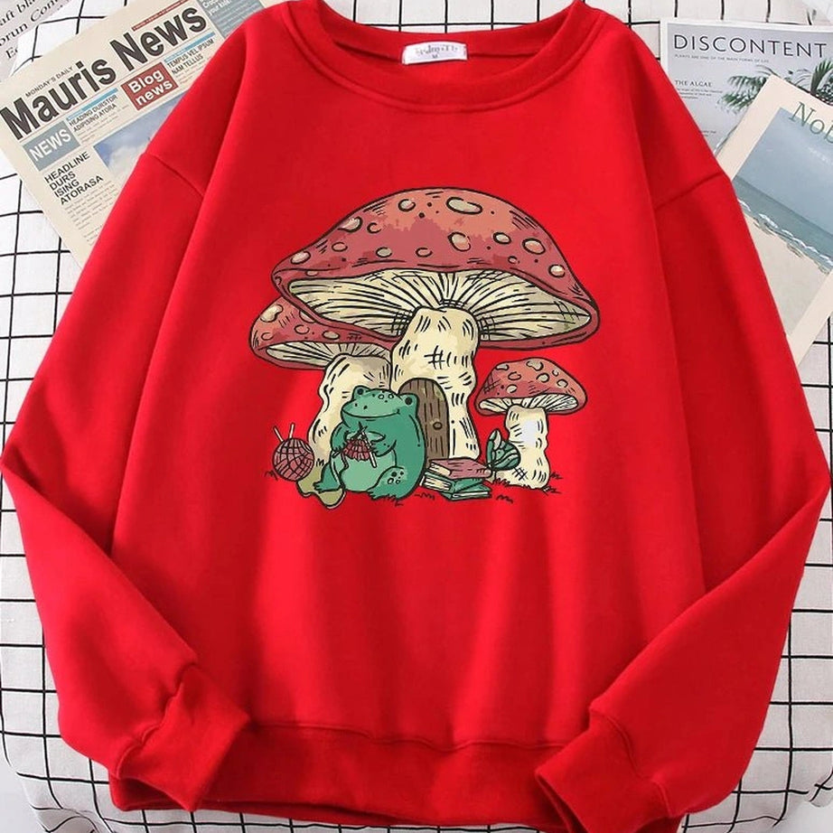 Aesthetic Mushroom House Frog Oversize Sweatshirt Red Shoptery