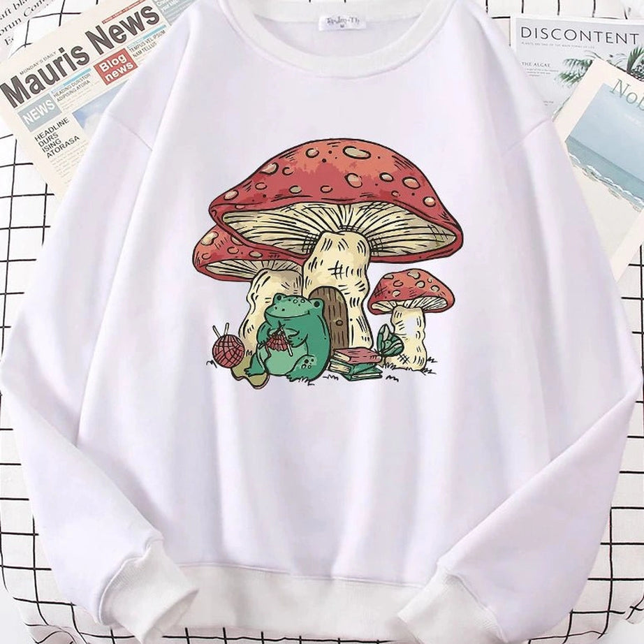 Aesthetic Mushroom House Frog Oversize Sweatshirt White Shoptery