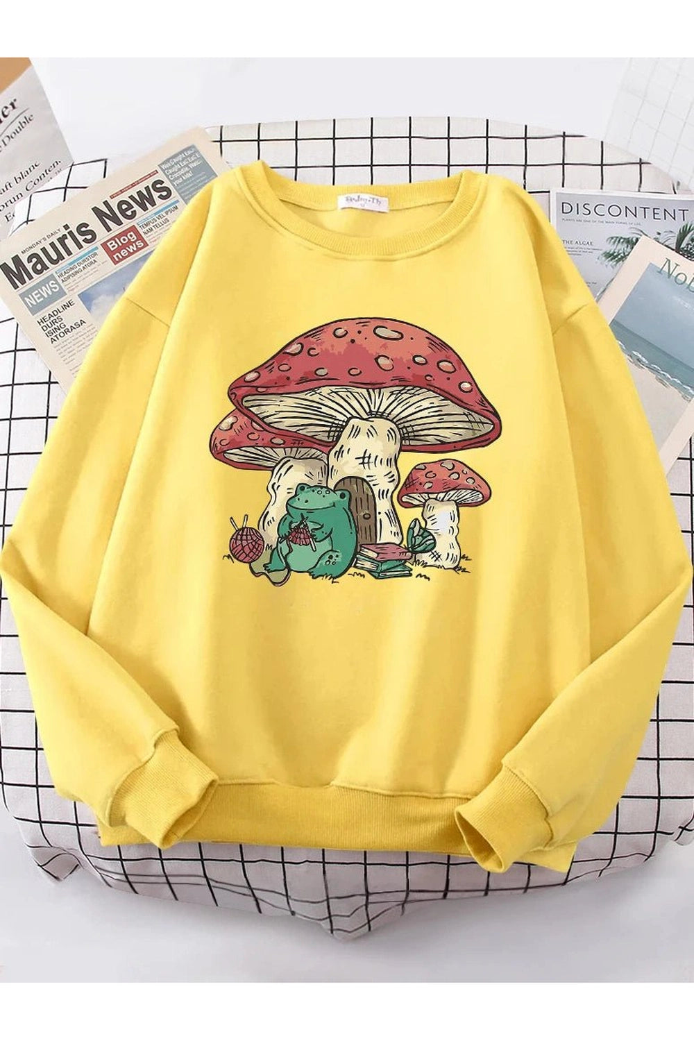 Aesthetic Mushroom House Frog Oversize Sweatshirt Yellow Shoptery