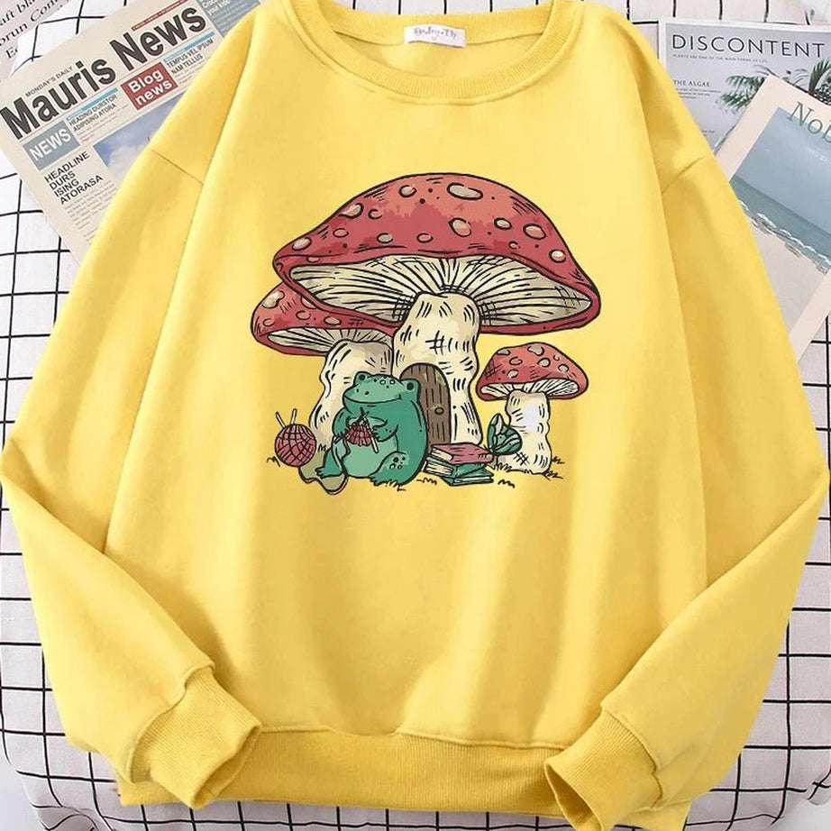 Aesthetic Mushroom House Frog Oversize Sweatshirt Yellow Shoptery