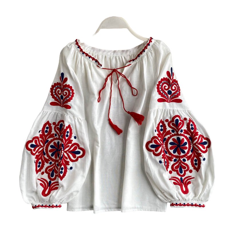 National Style Embroidered Lace-Up Blouse - Blouses