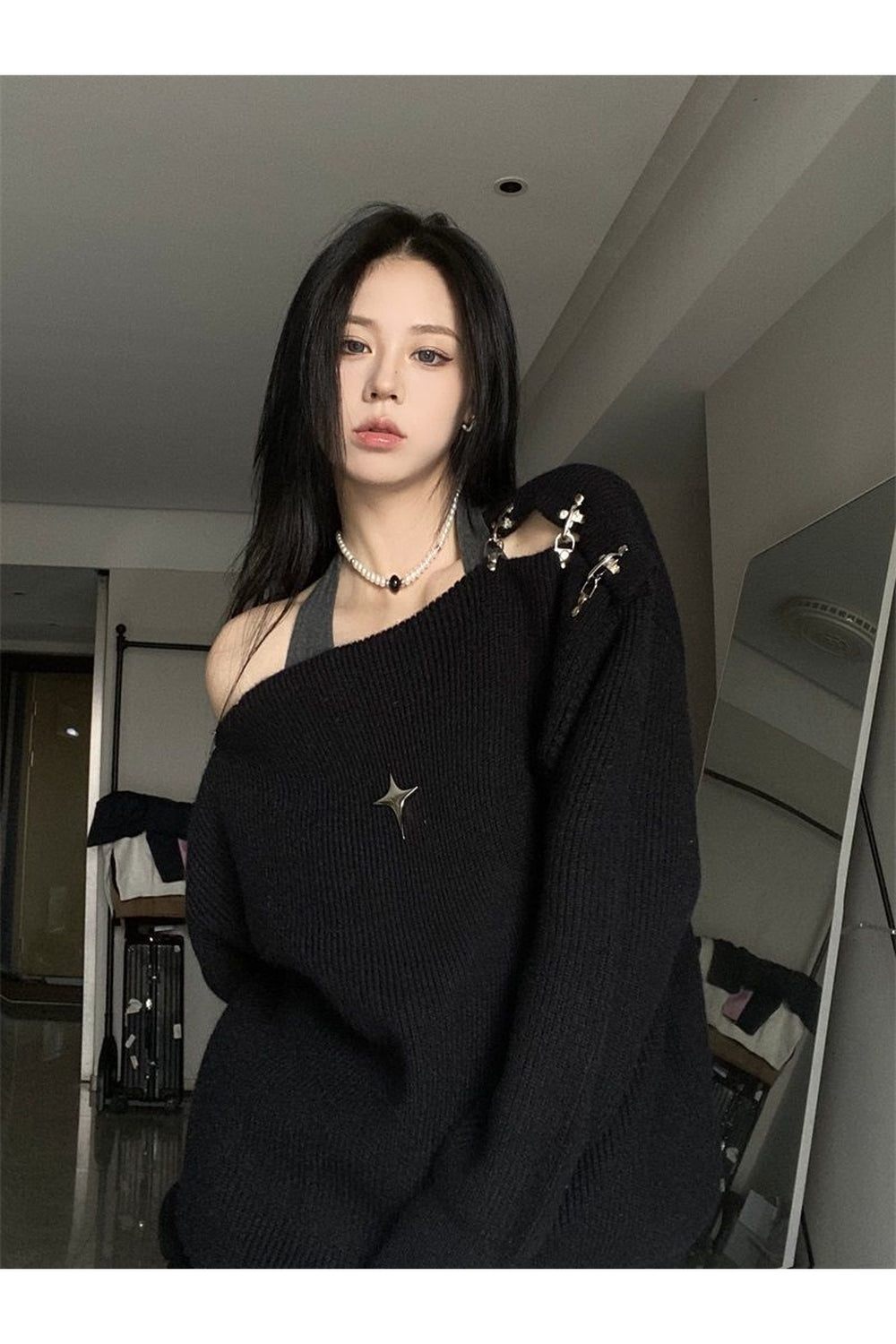Alt Off Shoulder Y2K Sweater Black Shoptery