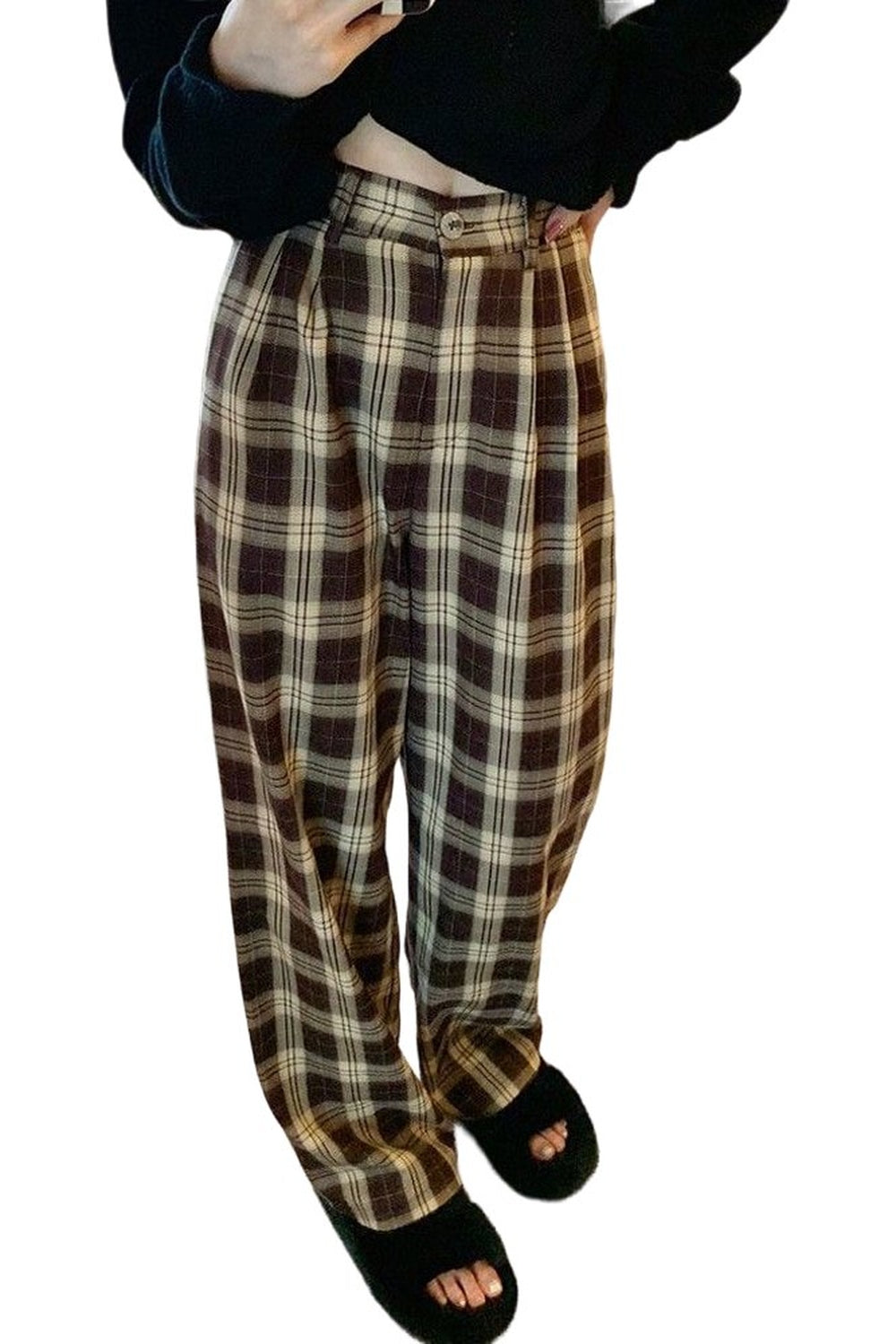 Oversize Plaid Wide Leg Pants - Pants