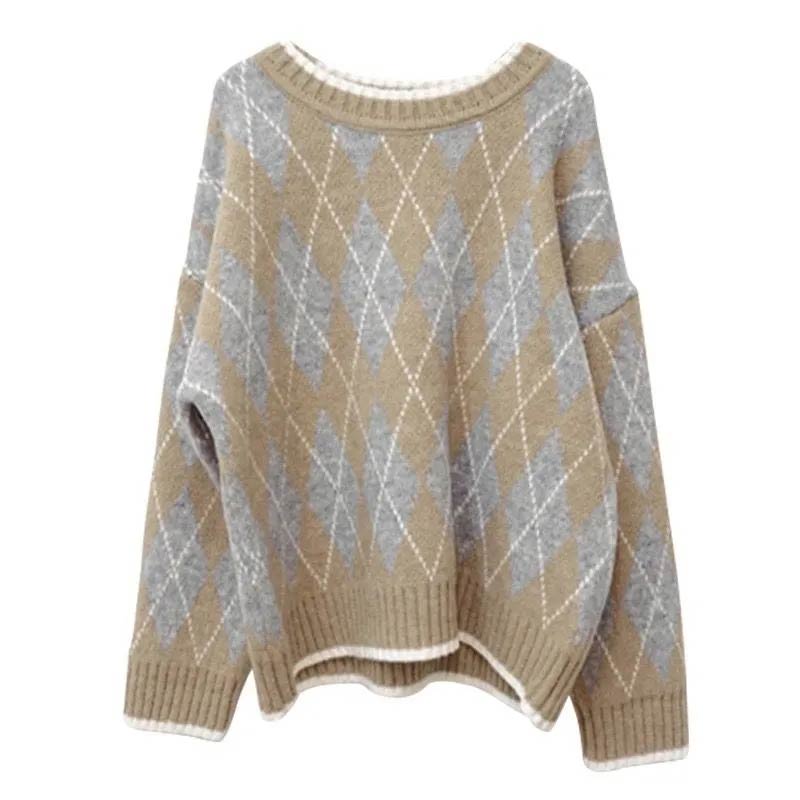 Oversized Argyle Sweater - Sweaters