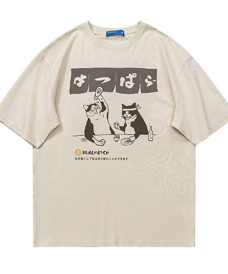 Oversized Drinking Cat T-shirt - T-shirts