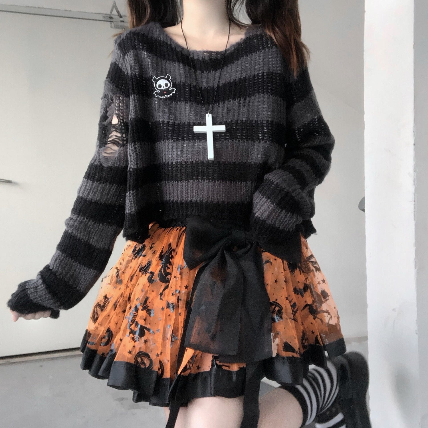 Pastel Goth Striped Sweater - Sweaters