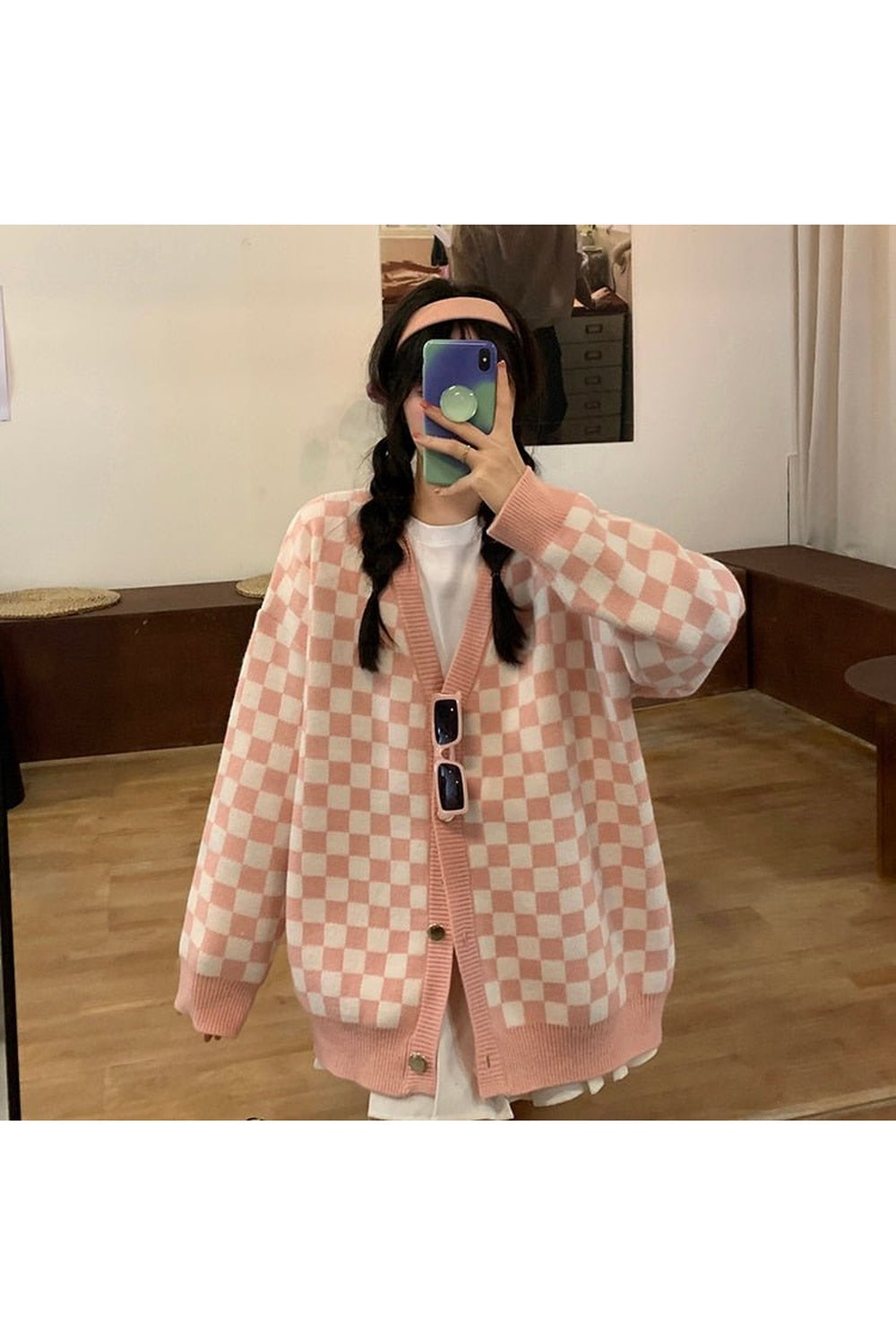 Fall Pastel Plaid Knit Sweater Pink Cardigans Shoptery