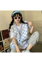 Fall Pastel Plaid Knit Sweater Blue Sweater Vest Shoptery