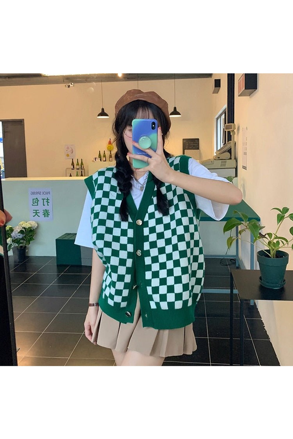 Fall Pastel Plaid Knit Sweater Green Sweater Vest Shoptery