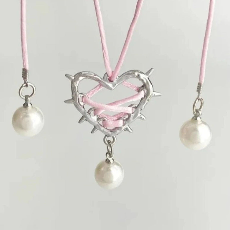 Kawaii Pink Bow Metal Heart Necklace C4436-1 Shoptery