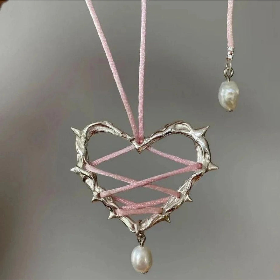 Kawaii Pink Bow Metal Heart Necklace Shoptery