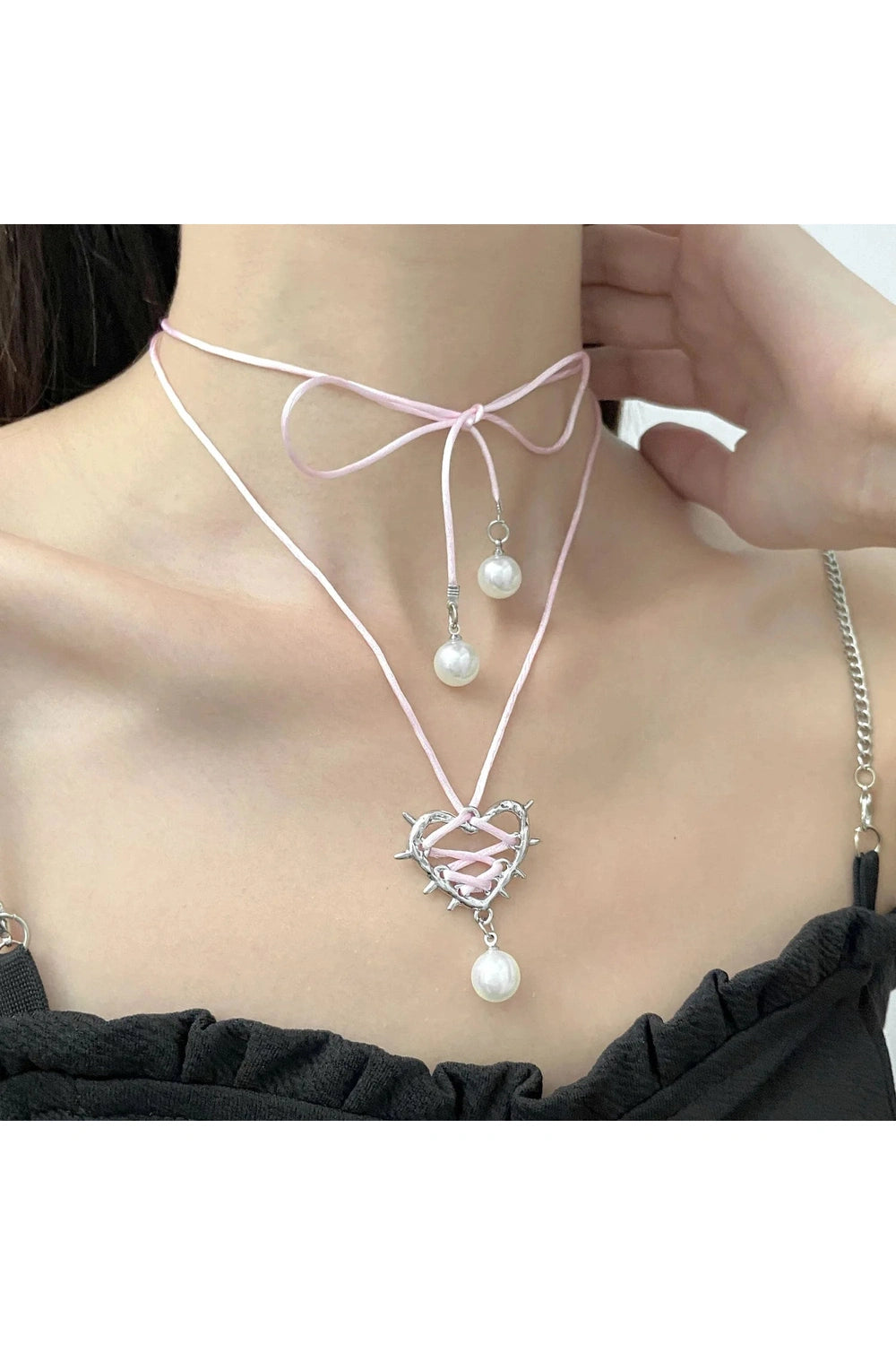 Kawaii Pink Bow Metal Heart Necklace Shoptery