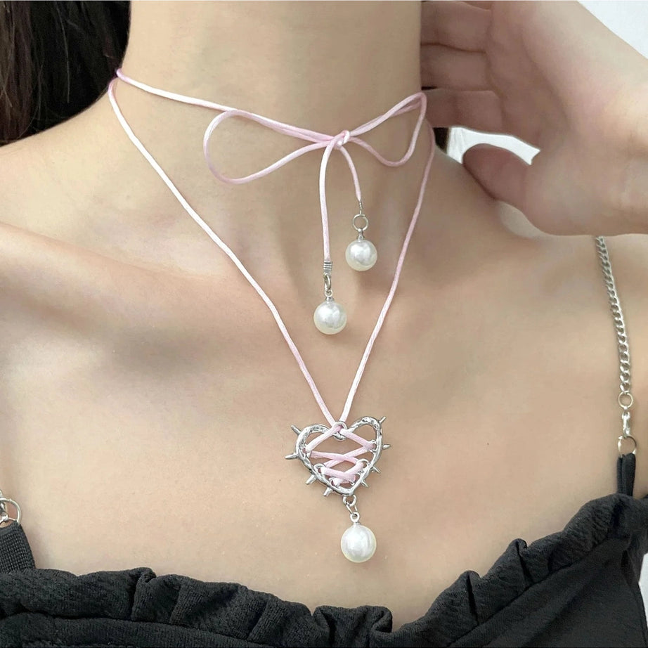 Kawaii Pink Bow Metal Heart Necklace Shoptery