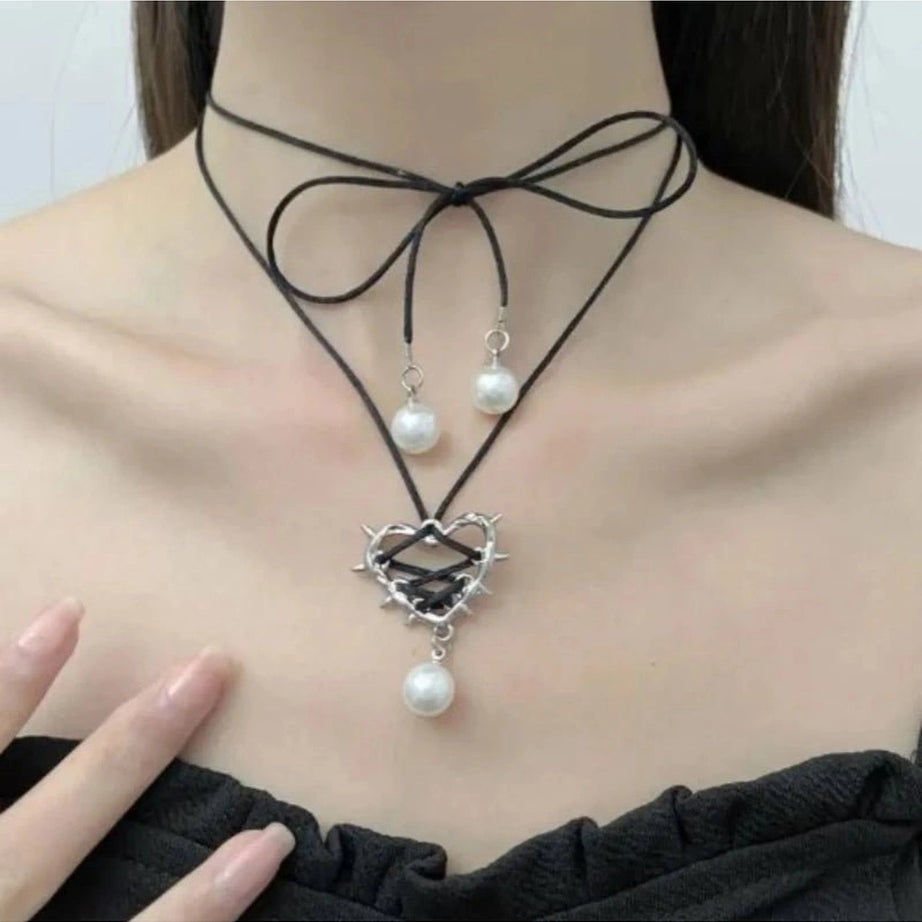 Kawaii Pink Bow Metal Heart Necklace Shoptery