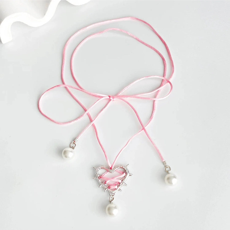 Kawaii Pink Bow Metal Heart Necklace Shoptery