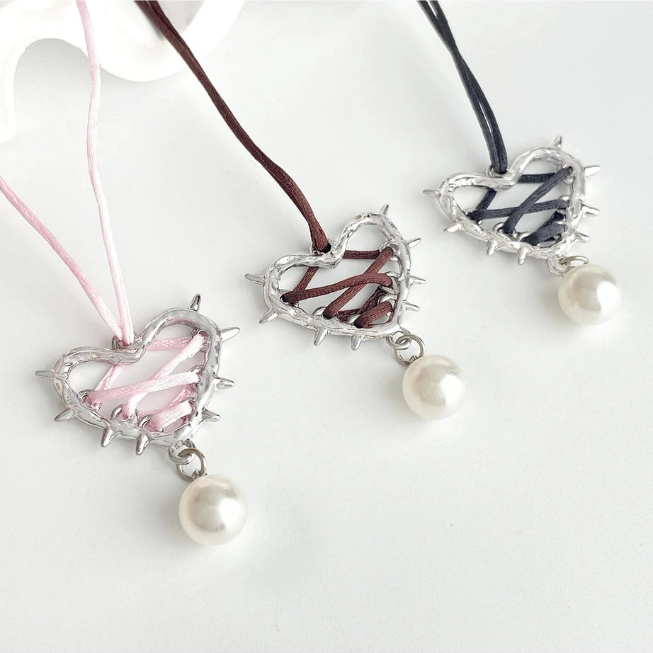 Kawaii Pink Bow Metal Heart Necklace Shoptery