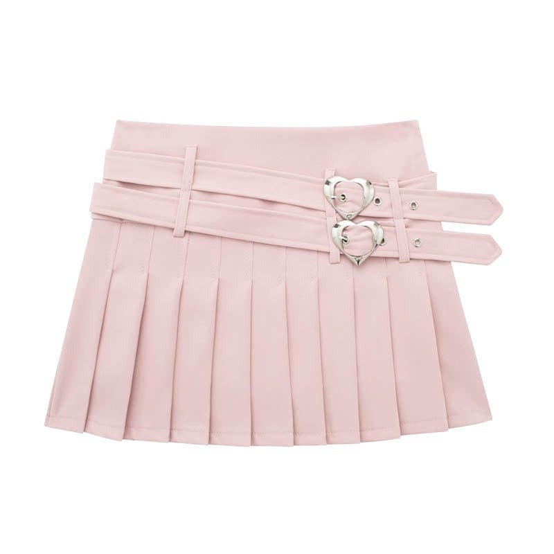 Pink Double Belt Pleated Skirt - Skirts