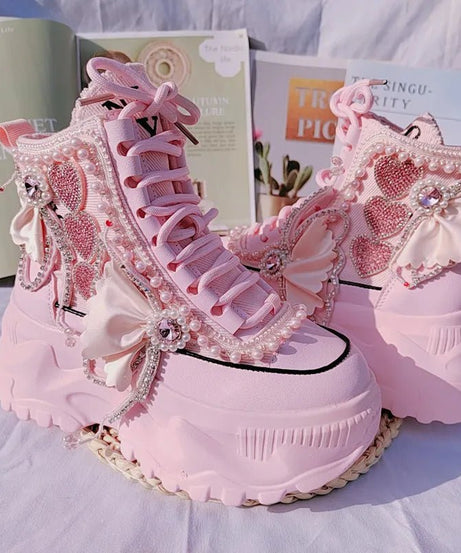 Pink Pearl Heart High Platform Sneakers -