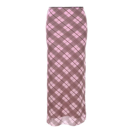 Pink Rhomboid Plaid Midi Skirt -
