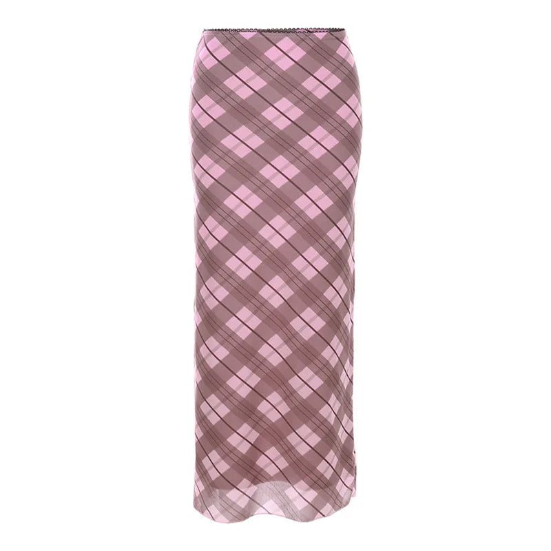 Pink Rhomboid Plaid Midi Skirt -