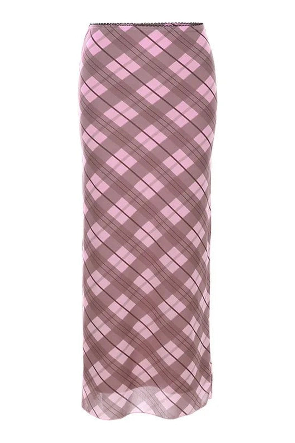 Pink Rhomboid Plaid Midi Skirt -