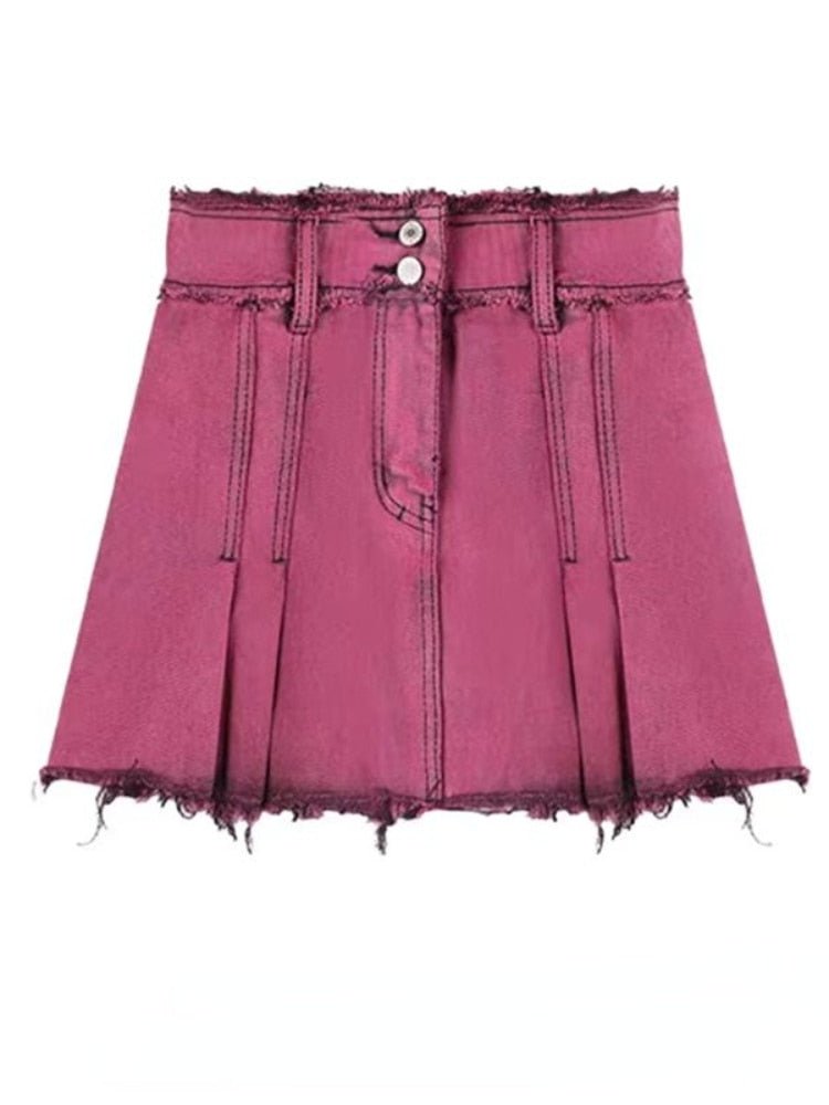 Pink Y2k Denim Pleated Mini Skirt - Skirts