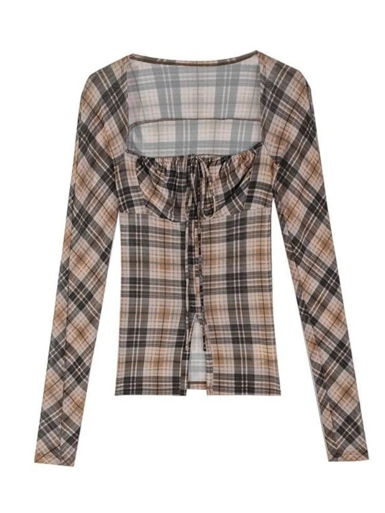 Plaid Cropped Blouse Sunscreen Top -