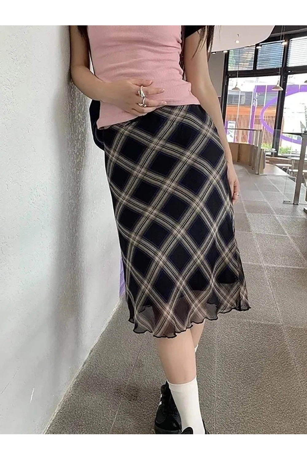 Retro Plaid High Waist Midi Skirt Shoptery