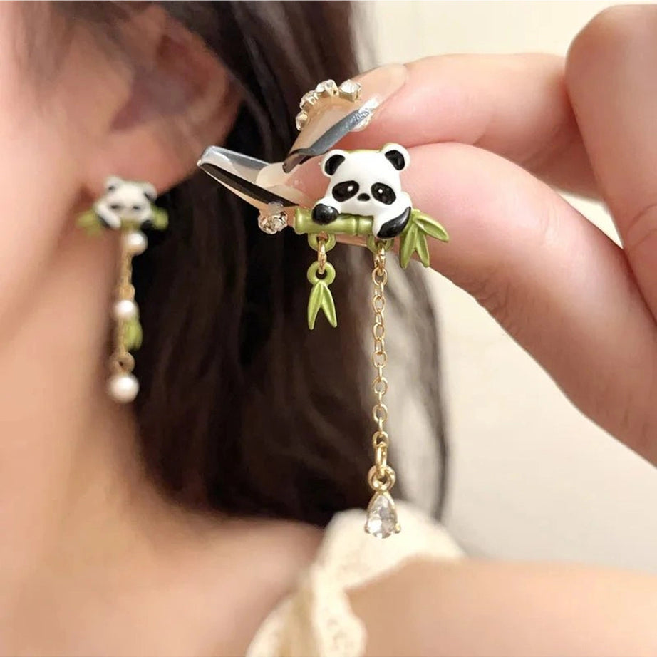 Retro Playful Panda Drop Earring with Bamboo Charm Shoptery