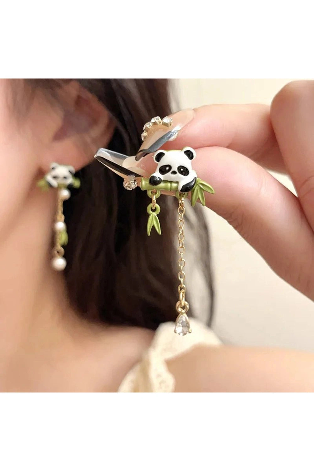 Retro Playful Panda Drop Earring with Bamboo Charm Shoptery