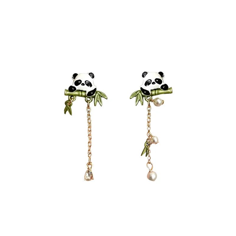 Playful Panda Drop Earring with Bamboo Charm -