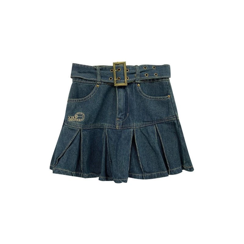 Pleated Denim Mini Skirt - Skirts
