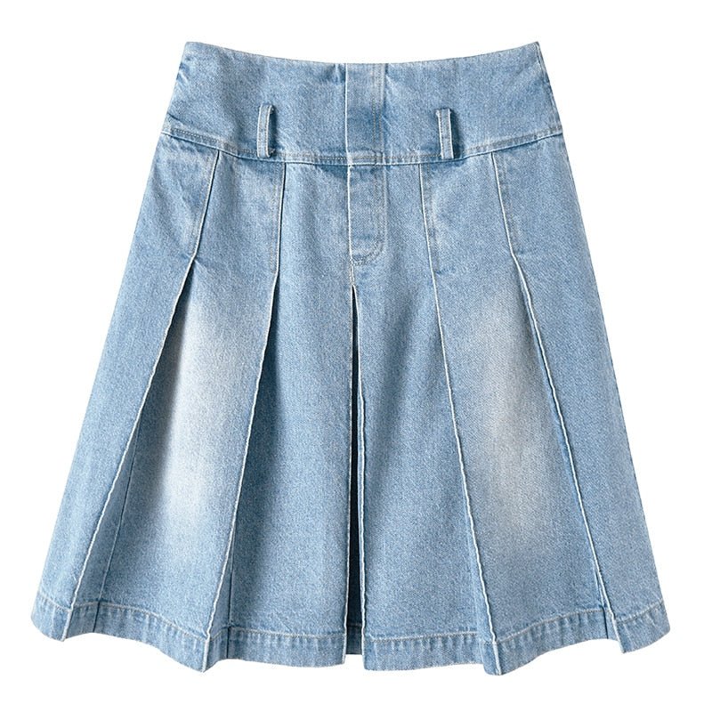 Pleated Midi Long Denim Skirt - Skirts