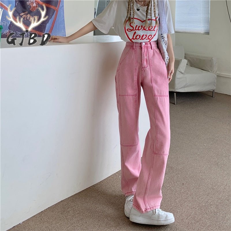 Preppy Fashion Pink Denim Pants - Pants
