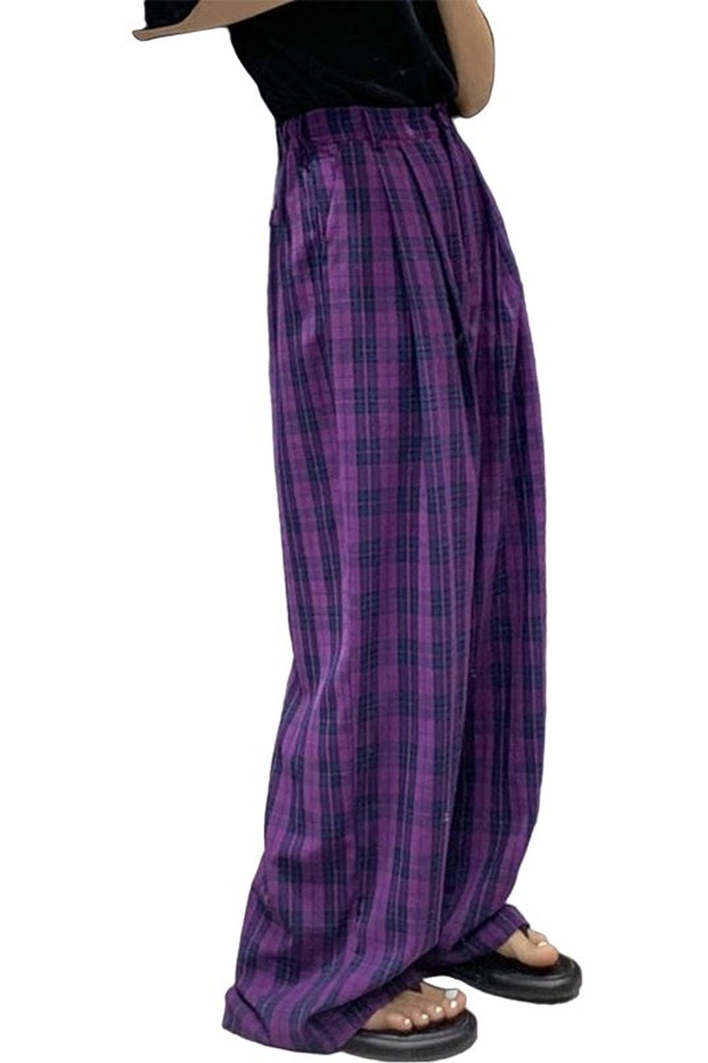 Purple Plaid Wide Leg Pants - Pants