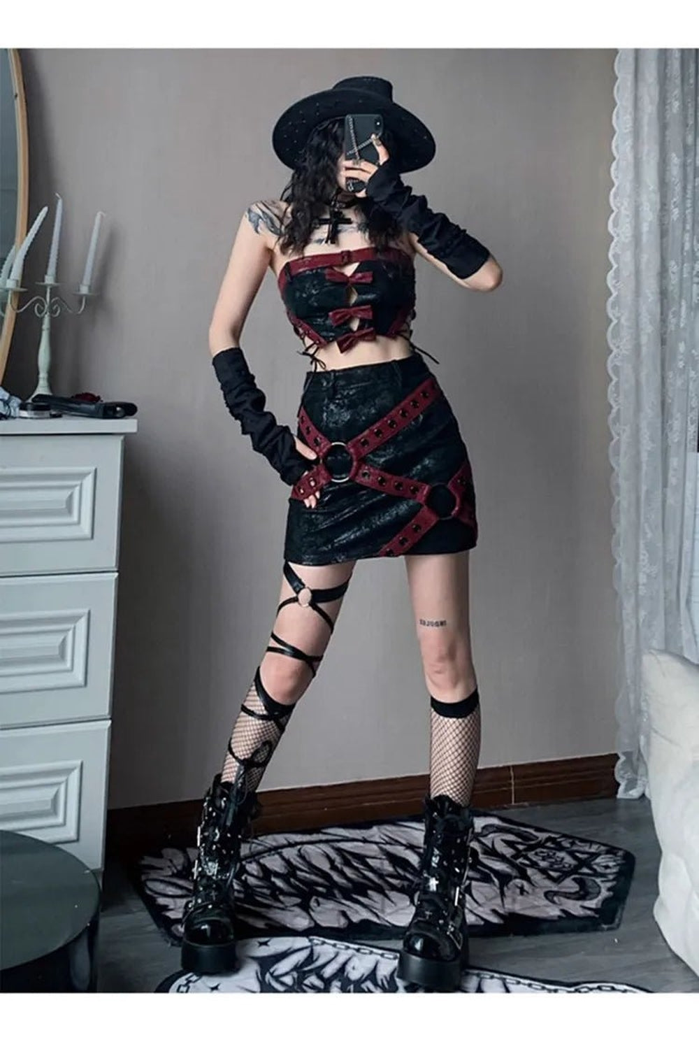 Alt Red & Black PU Leather Mini Skirt Shoptery