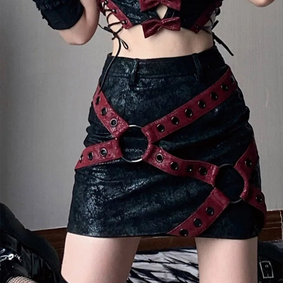 Alt Red & Black PU Leather Mini Skirt Shoptery