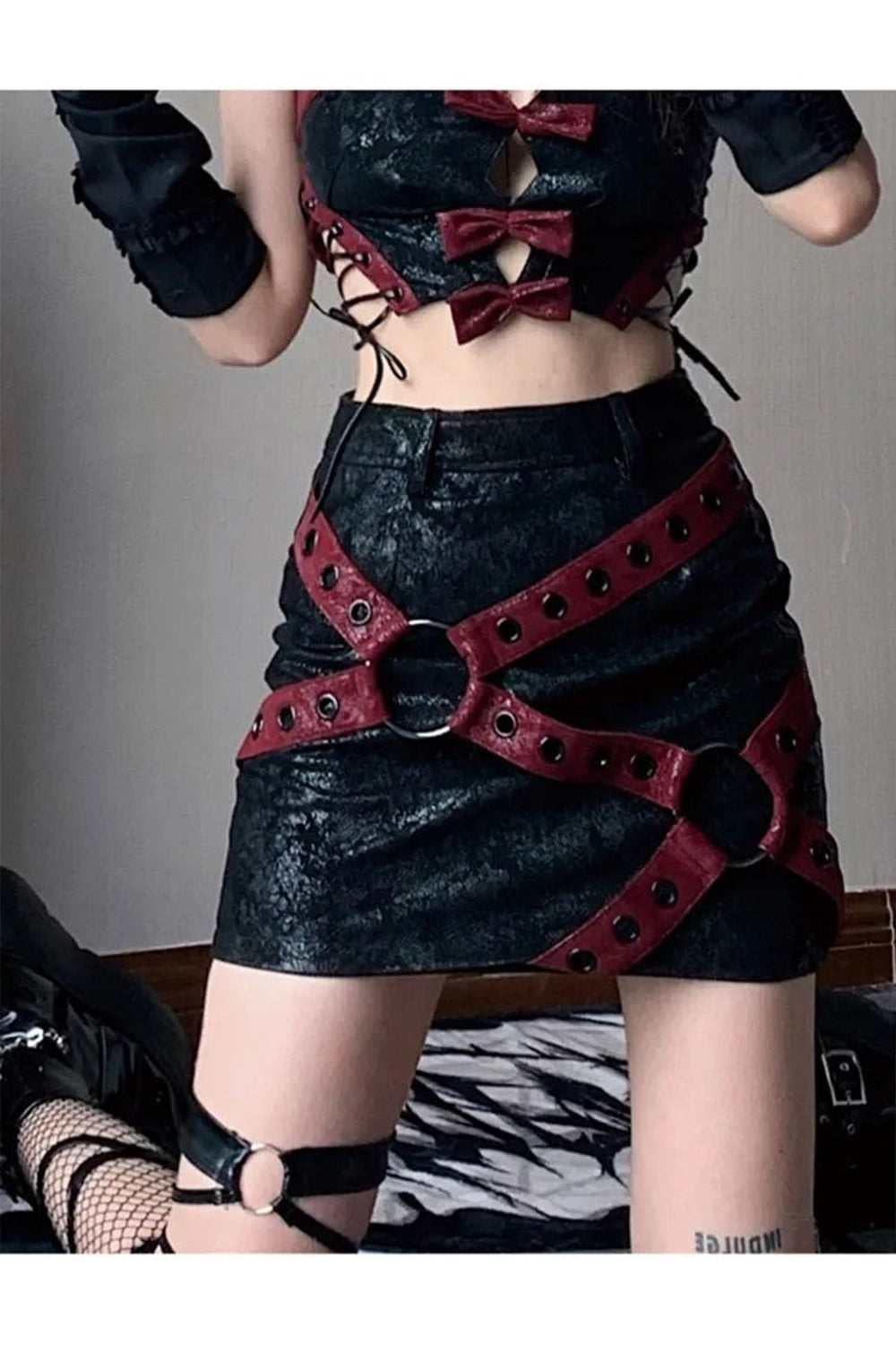 Alt Red & Black PU Leather Mini Skirt Shoptery